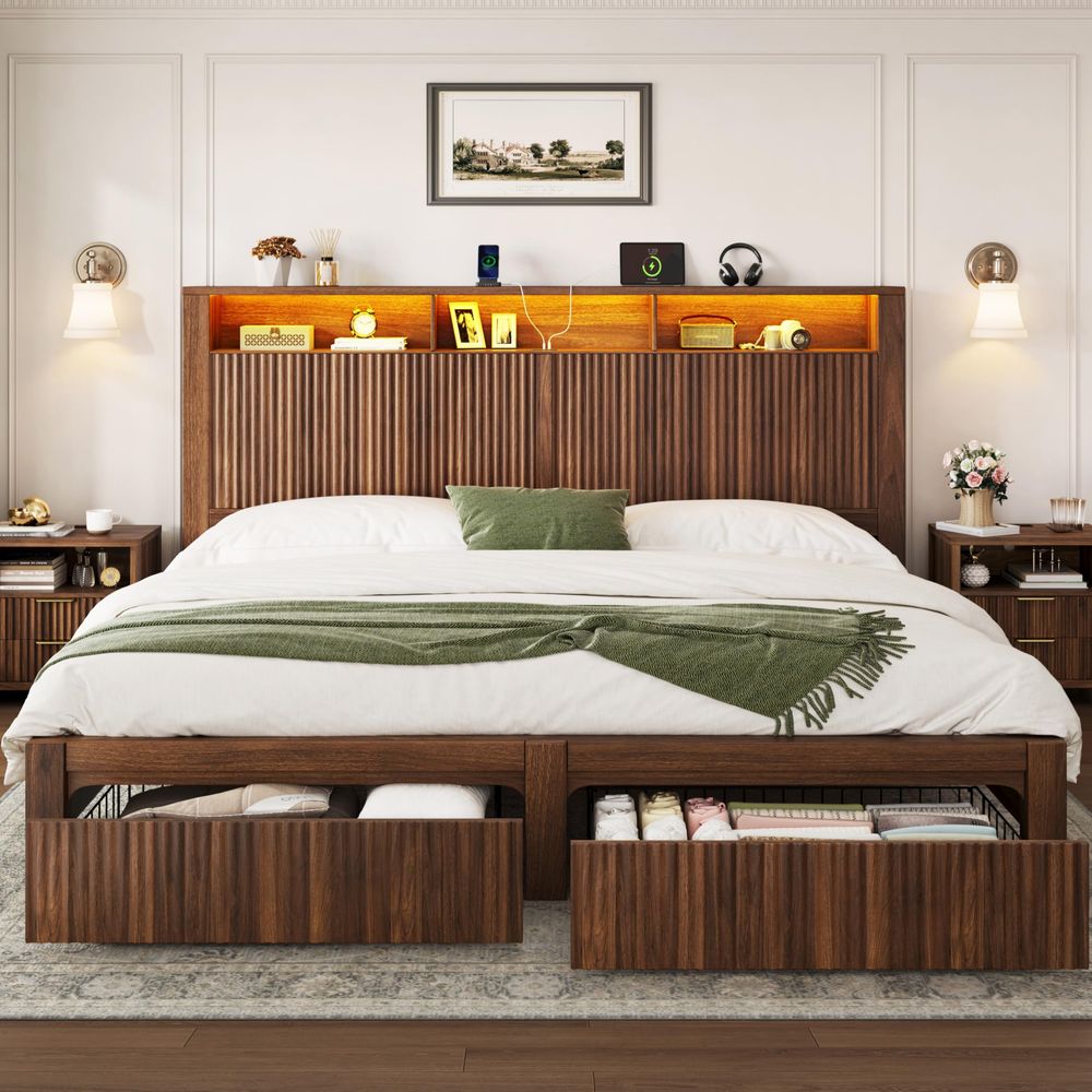 King Size Bed Frame With Storage Drawers - إطار سرير بحجم كينج مع لوح