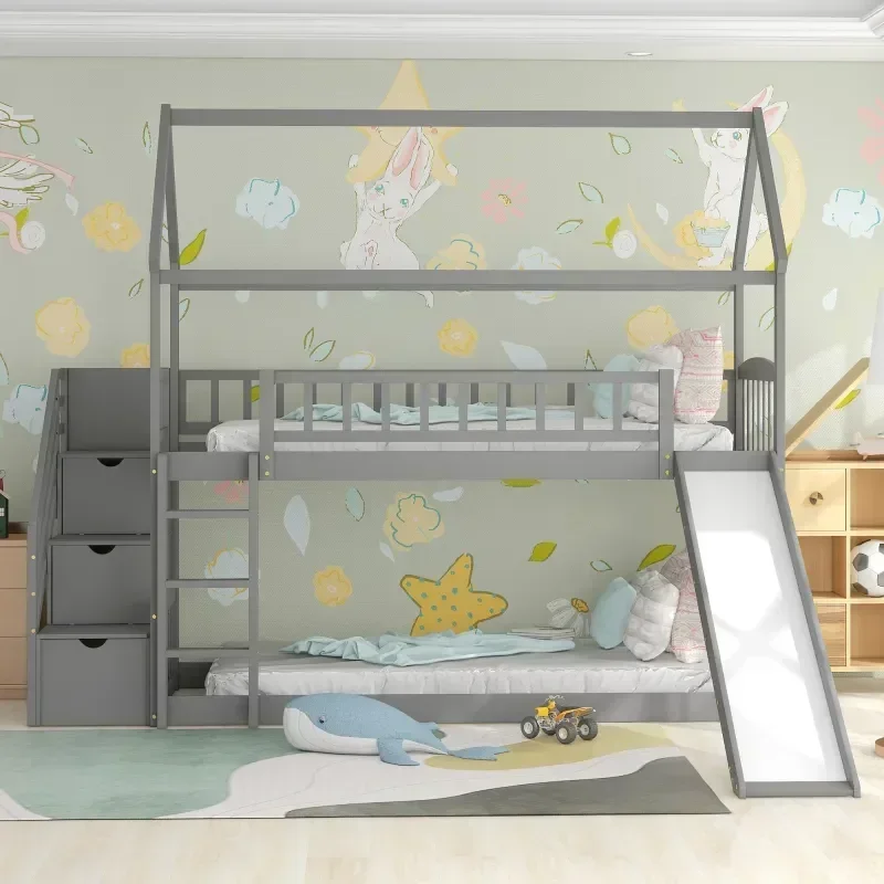 Bunk Bed With Stairs And Slide - سرير مزدوج للأطفال مصنوع من الخشب