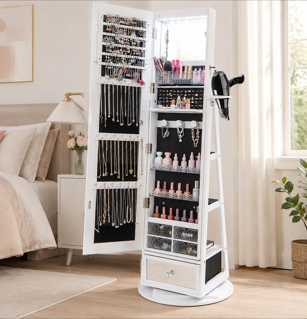 Full Length Mirror Jewelry Armoire - 360 ° خزانة مجوهرات دوارة مع