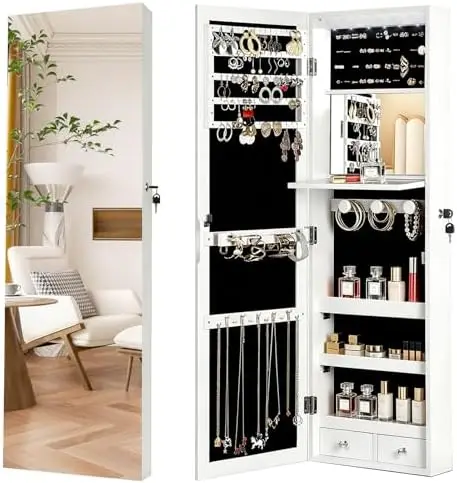Full Length Mirror Jewelry Armoire - مع مرآة كاملة الطول، و6 مصابيح