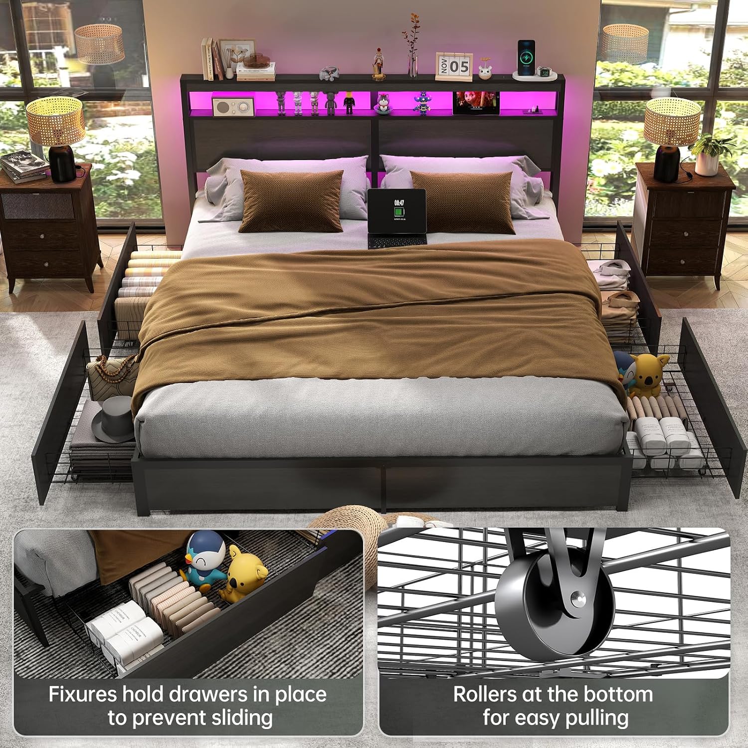 King Size Bed Frame With Storage Drawers - إطار سرير بحجم كينج مع لوح