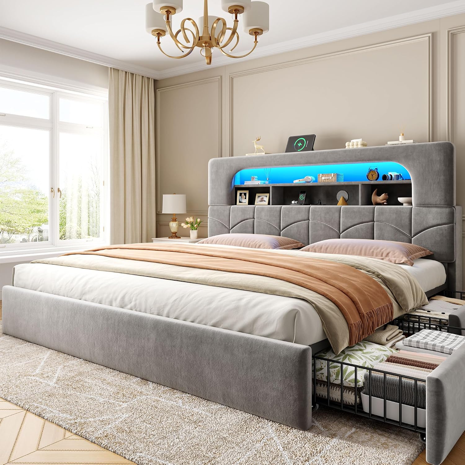 King Size Bed Frame With Storage Drawers - إطار سرير بحجم كينج مع 4