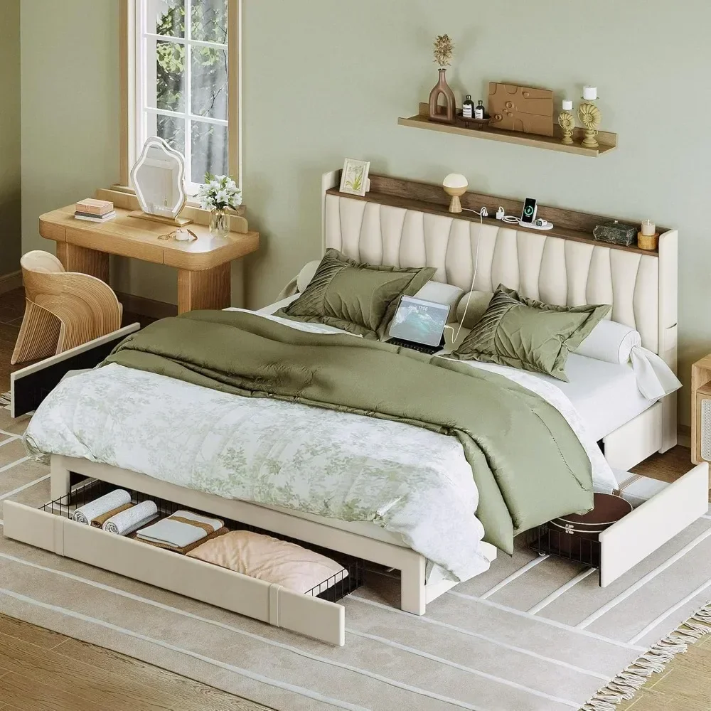 King Size Bed Frame With Storage Drawers - إطار سرير بحجم كينج مع لوح