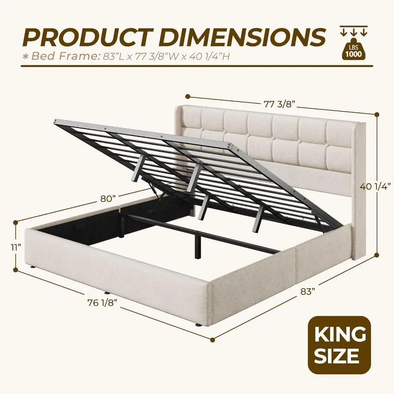 هيكل سرير HISOFT بحجم كينج مع  - مراجعة Gas Lift Storage Bed Hydraulic وسعره