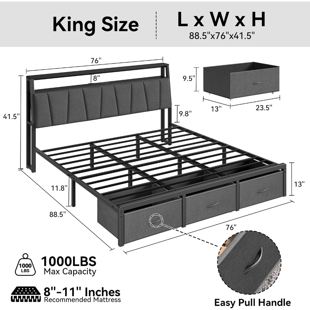 إطار سرير بحجم كينج مع لوح رأس - مراجعة King Size Bed Frame With Storage Drawers وسعره