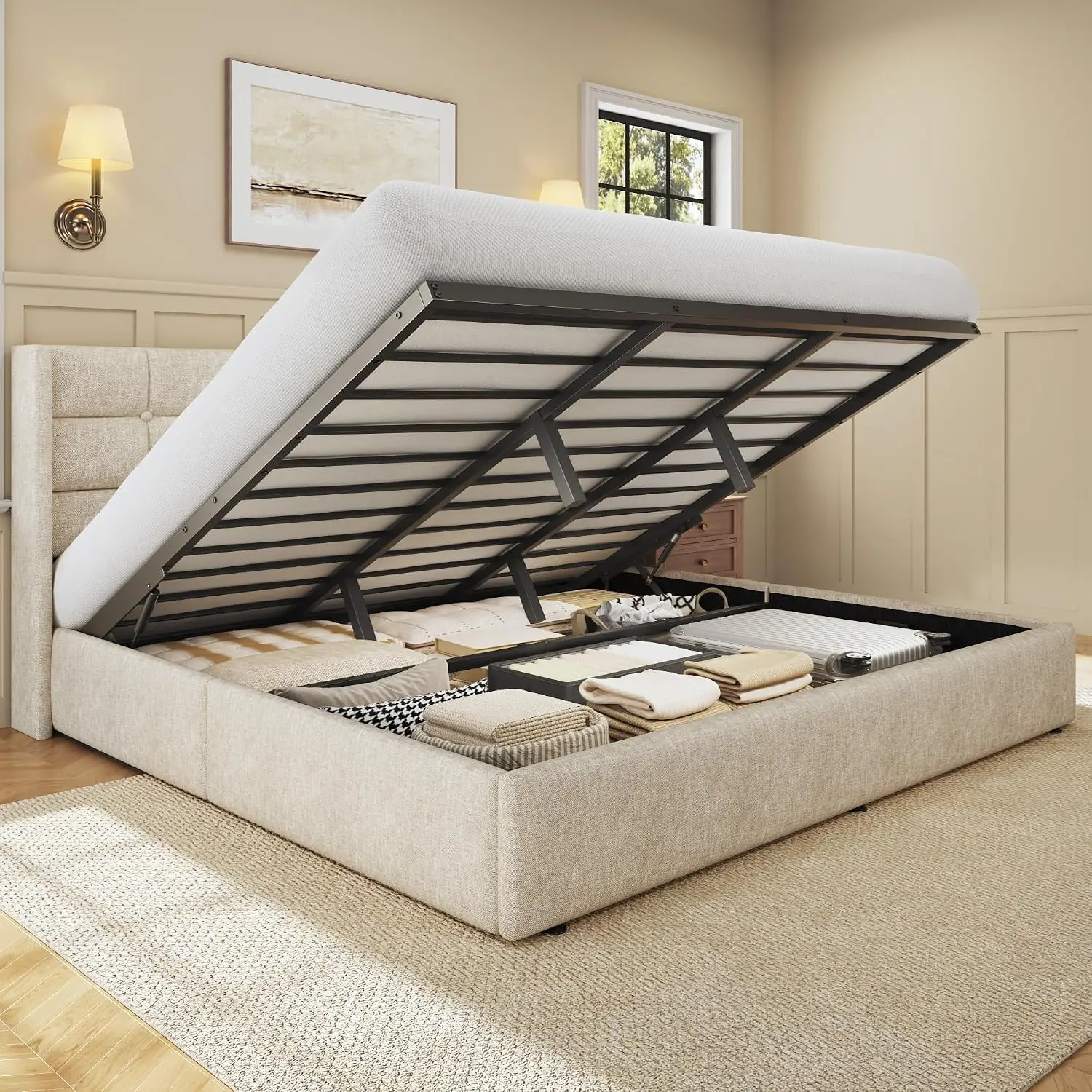 إطار سرير بحجم كينج مع مساحة ت - مراجعة Gas Lift Storage Bed Hydraulic وسعره