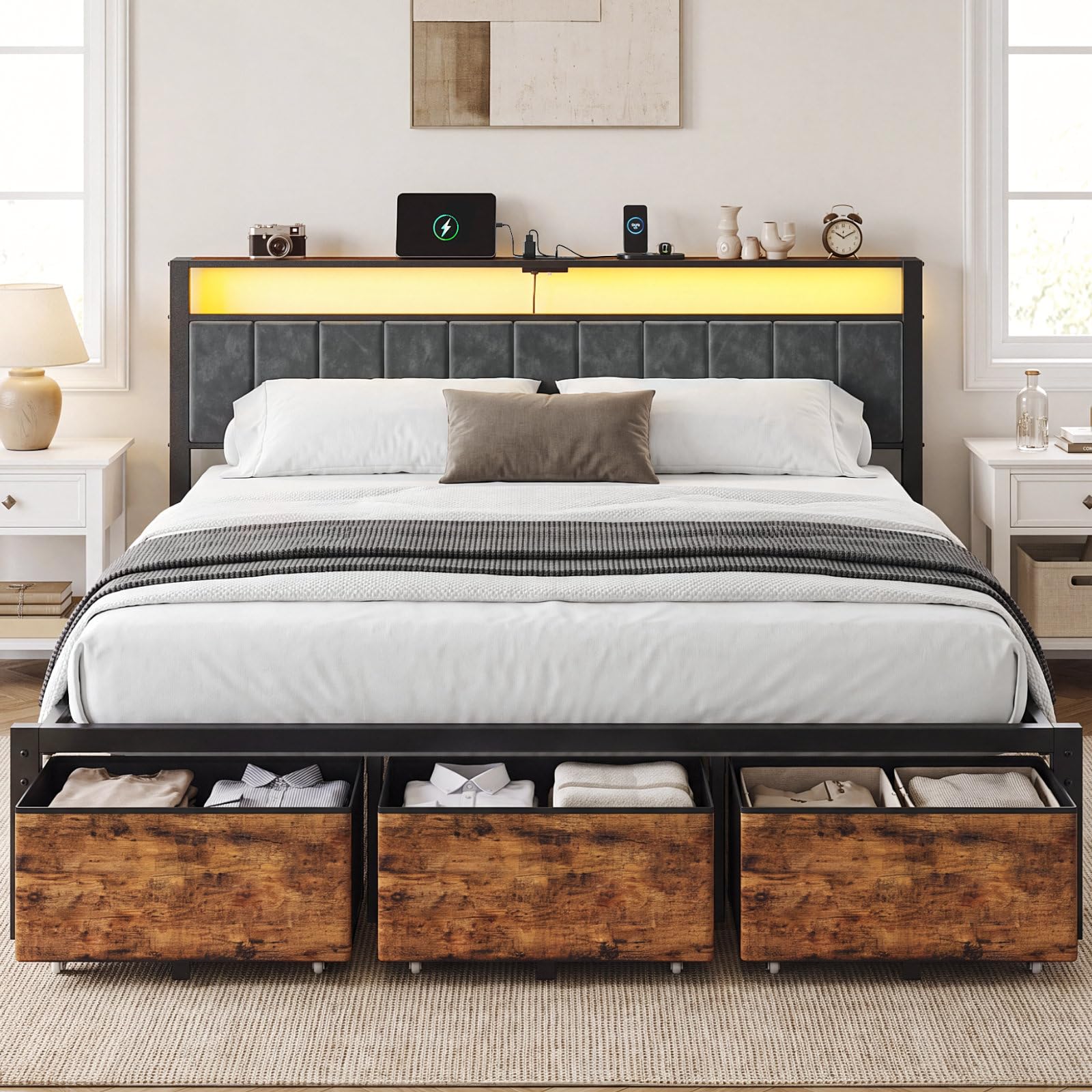 إطار سرير بحجم كينج مع مسند رأ - مراجعة King Size Bed Frame With Storage Drawers وسعره